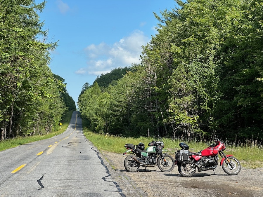 Two motorcycles parked along the Quehanna Highway in the Pennsylvania Wilds area.
