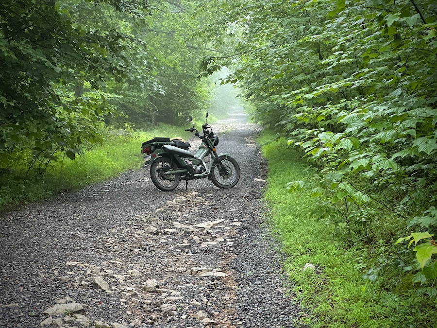 A 2024 Honda Trail 125 parked on a rough, rocky road.
