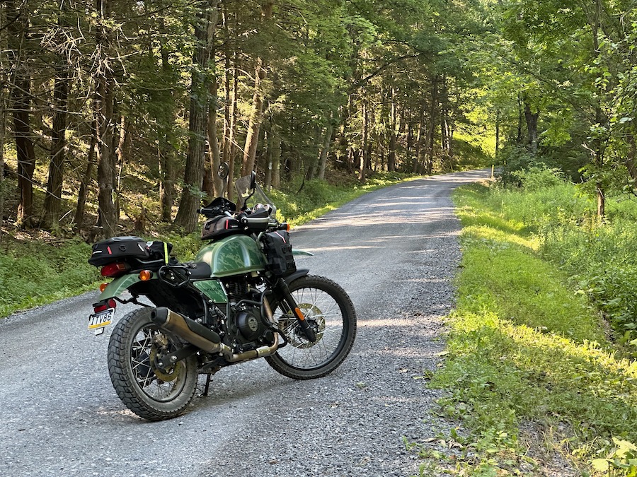 A 2022 Royal Enfield Himalayan motorcycle on a gravel forest road.
