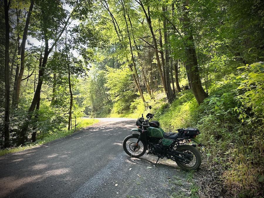 Royal Enfield Himalayan on a gravel forest road.