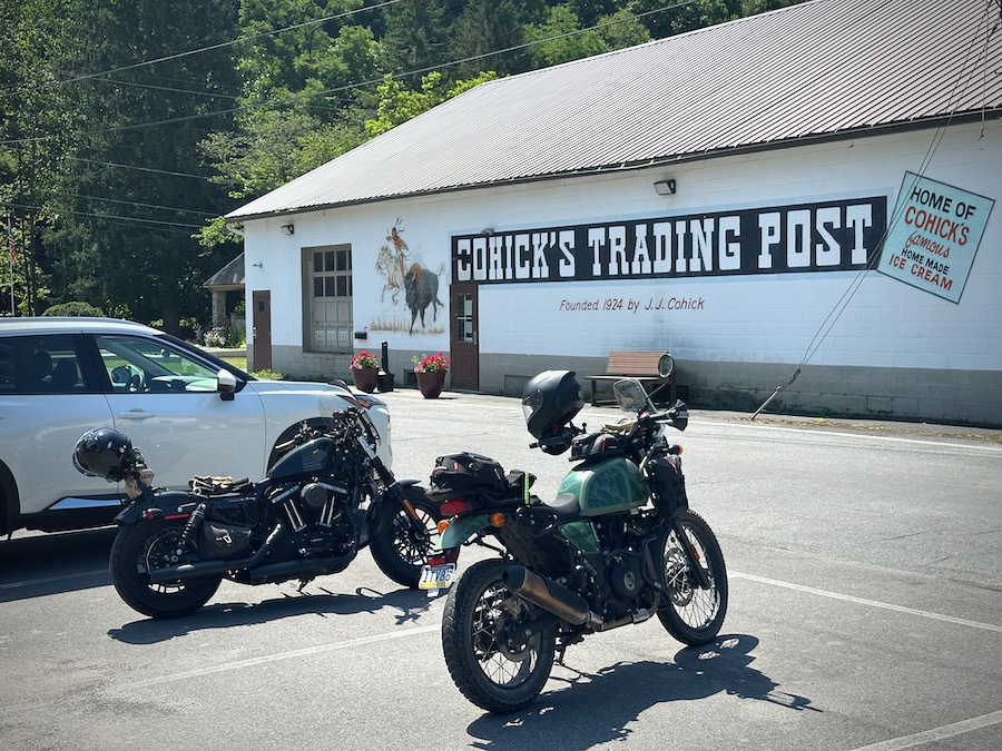 Two motorcycles parked outside the Cohick Trading Post.