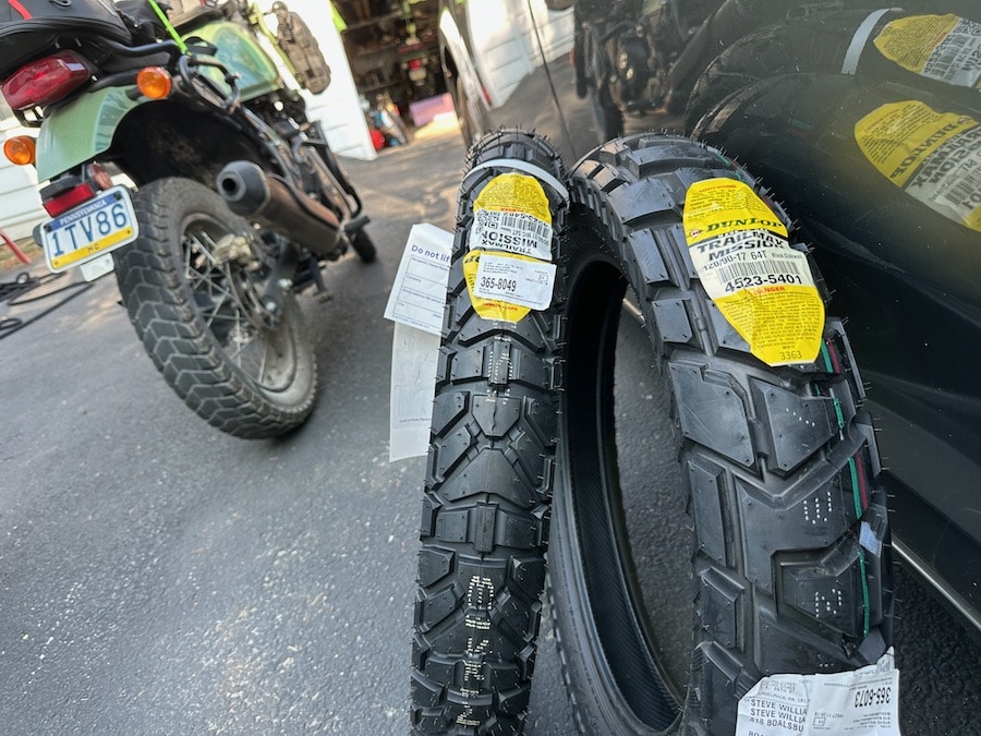 Set of two new tires for a Royal Enfield Himalayan motorcycle.