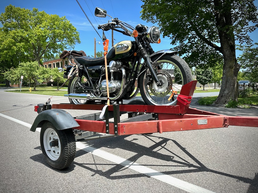 A 2001 Kawasaki W650 on a motorcycle  trailer.
