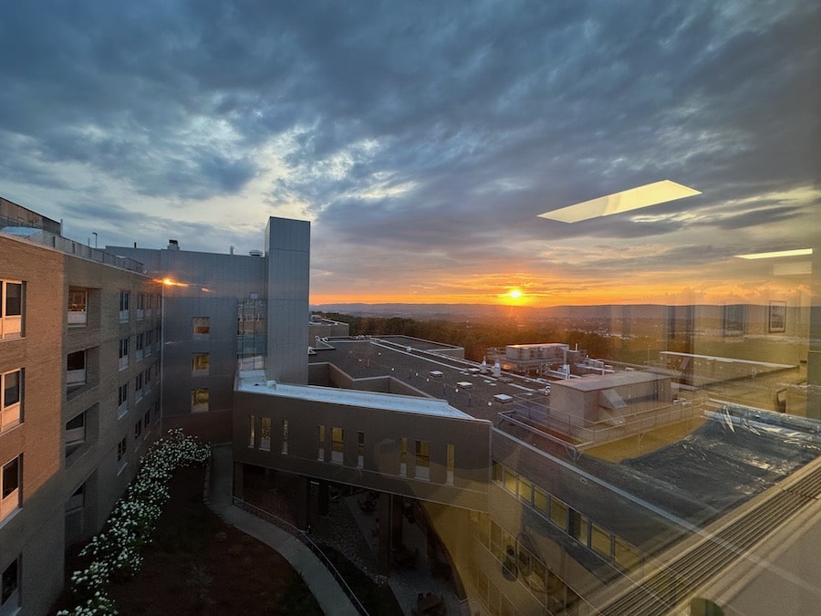 View of a hospital at sunset