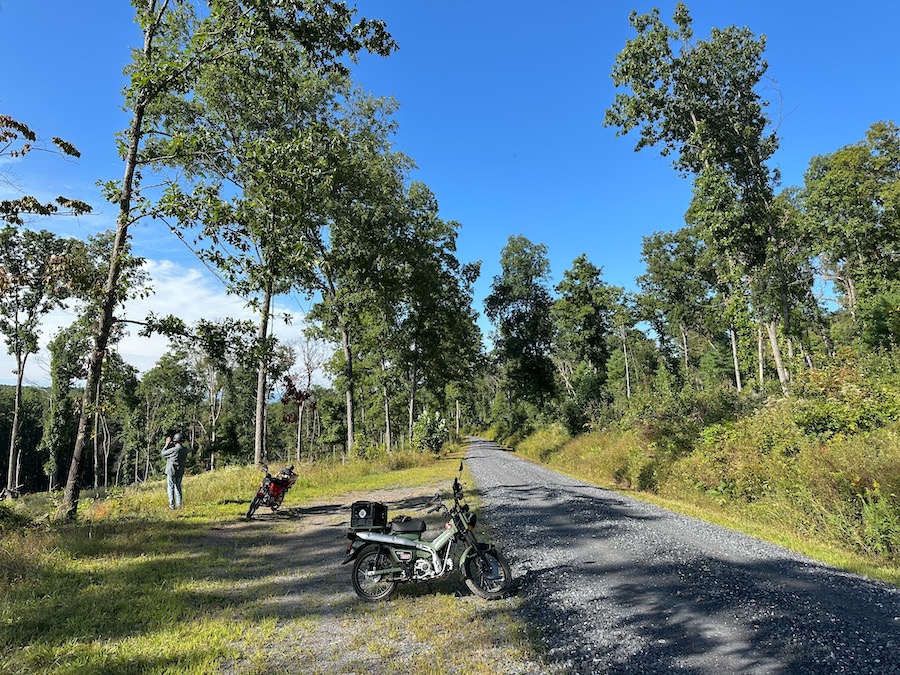 Honda Trail 125 motorcycles parked along a gravel road in Rothrock State Forest.