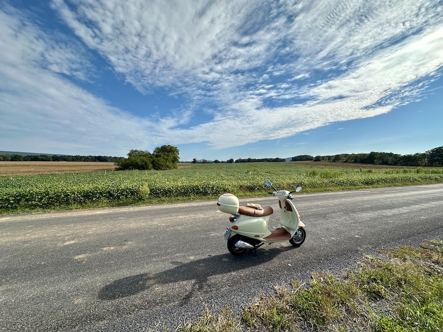 A Vespa ET4 parked by a farm field.