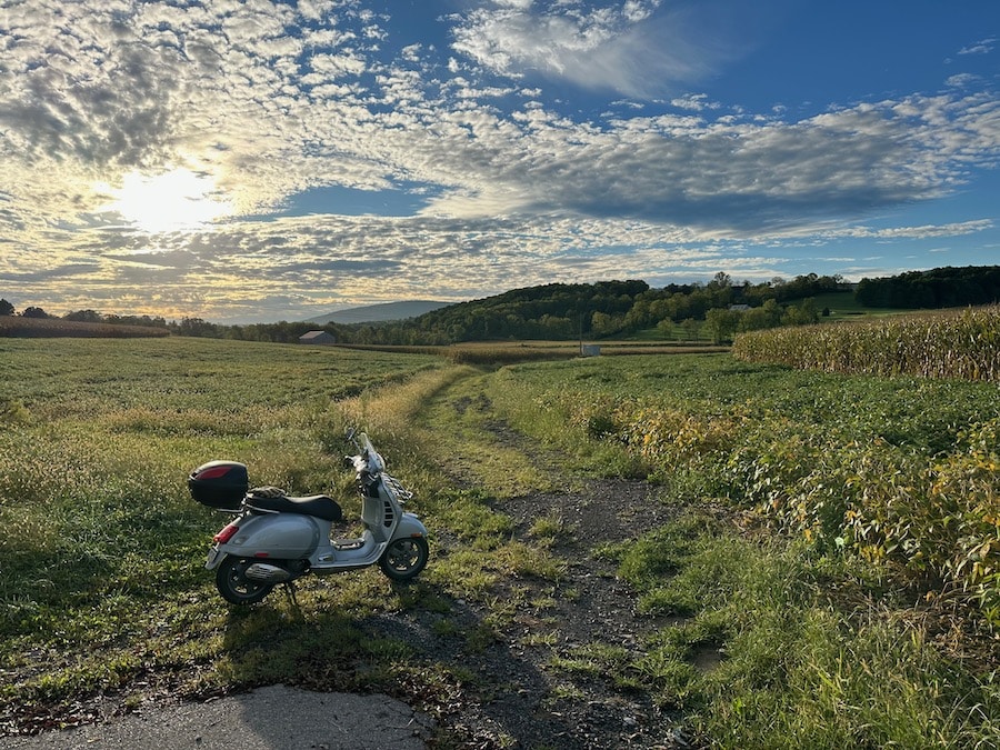 A Vespa GTS scooter parked in a farm field in the morning sun.