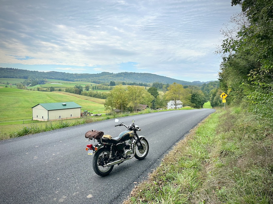 A 2001 Kawasaki W650 on a rural road.