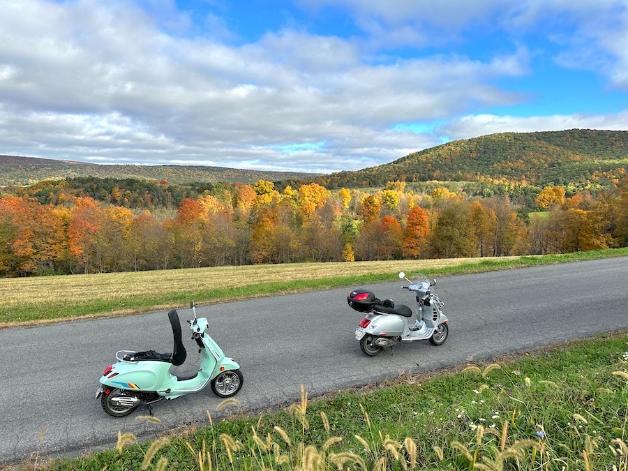 Two Vespa scooters with a colorful autumn landscape.
