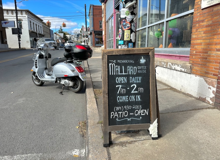 Sign outside the Meandering Mallard Coffee House.