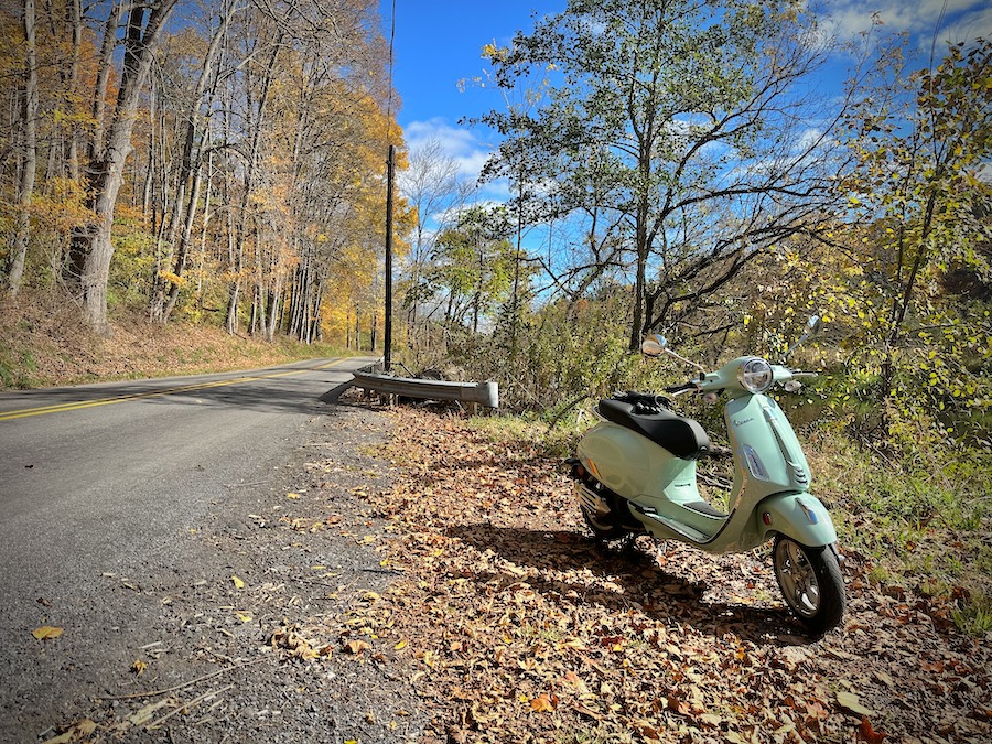 A Vespa Sprint scooter parked in the leaves along a rural road.
