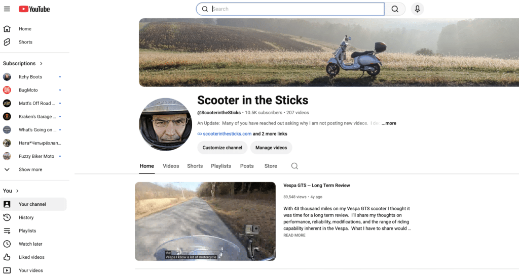 A screenshot of the Scooter in the Sticks YouTube channel.